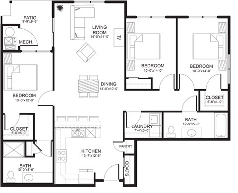 Floor plan for 3 beds, 2 baths, 1324 sqft